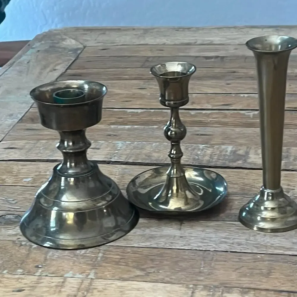 Vintage Solid Brass Candlesticks Set of 3 Different Shapes & Sizes